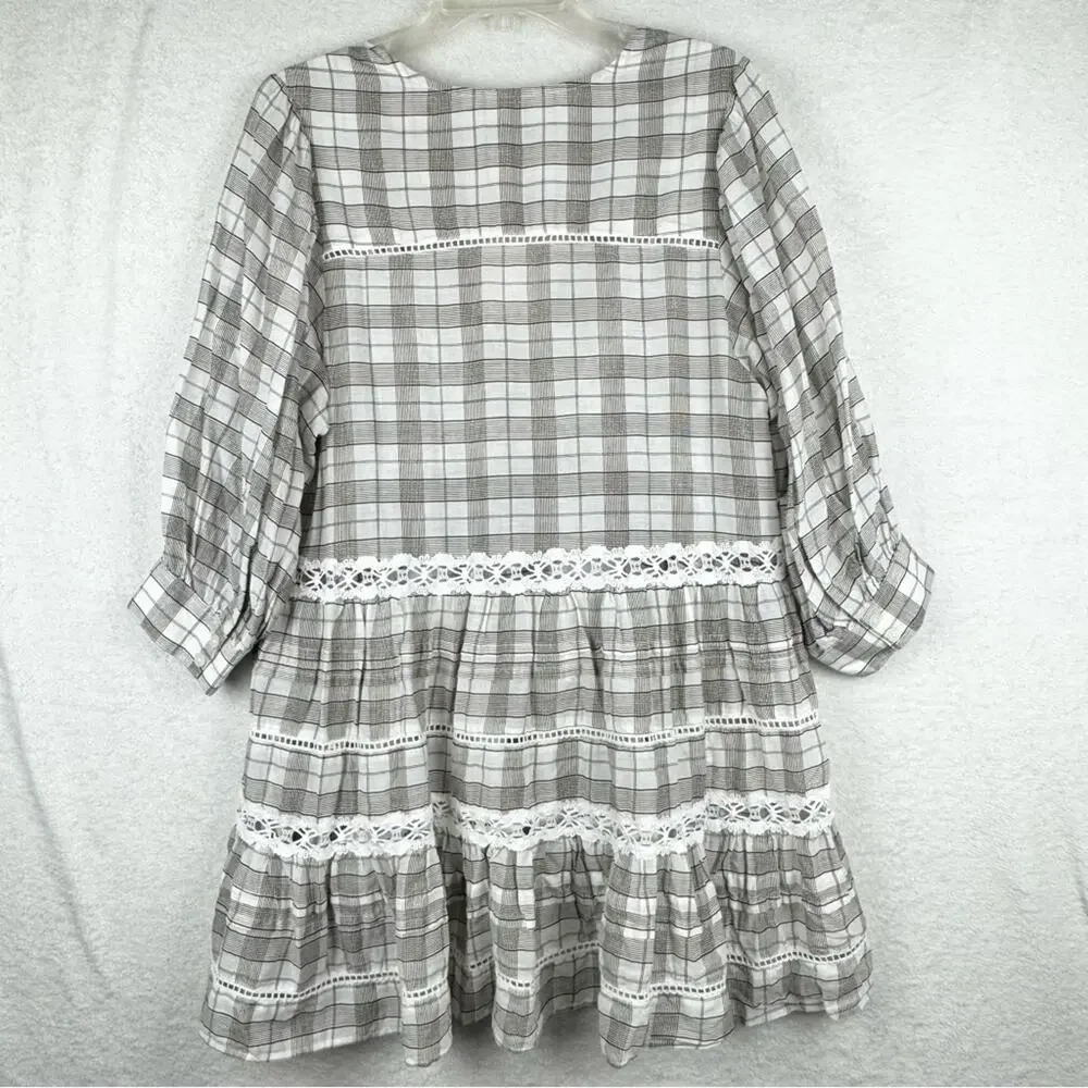 NWT Free People Time Out Lace Trim Plaid Puff Sleeve Trapeze‎ Tunic Blouse Sz M